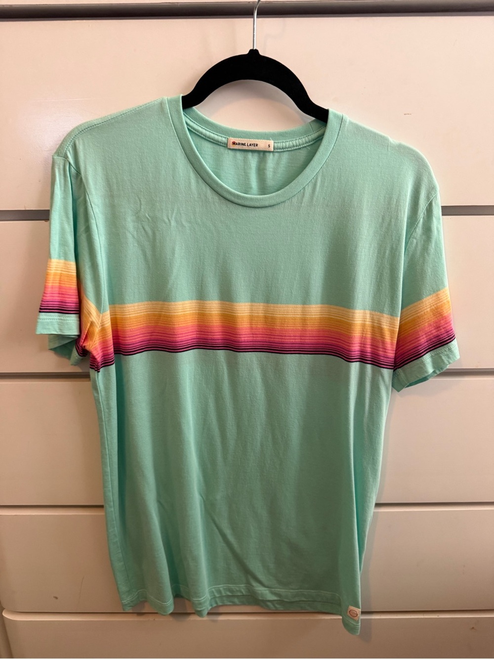 Marine Layer Mint Green Tee with Rainbow Stripe